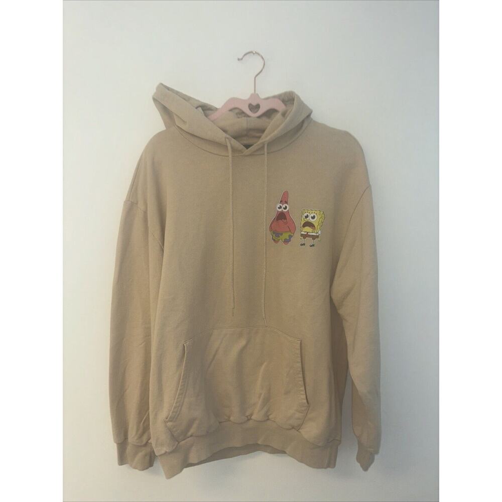 Nickelodeon SpongeBob & Patrick Beige Sz Lg Hoodie Front Logo Back Logo Rare Swe